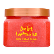 front view of Tree Hut Lychee Kiss Shea Sugar Scrub 18oz in a clear tub with an orange lid against a clean white background