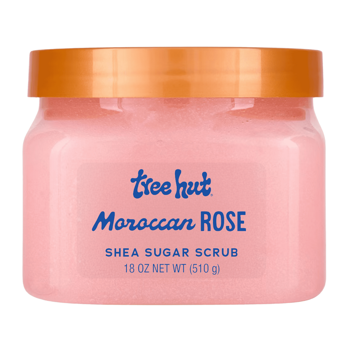 front view of Tree Hut Moroccan Rose Shea Sugar Scrub 18oz in the newest retail packaging, in a clear tub with an orange lid against a clean white background