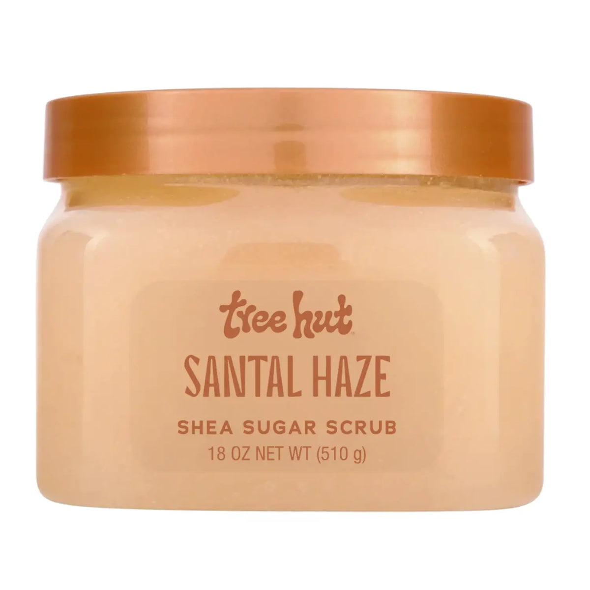 front view of Tree Hut Santal Haze Shea Sugar Scrub 18oz in a clear tub with an orange lid against a clean white background