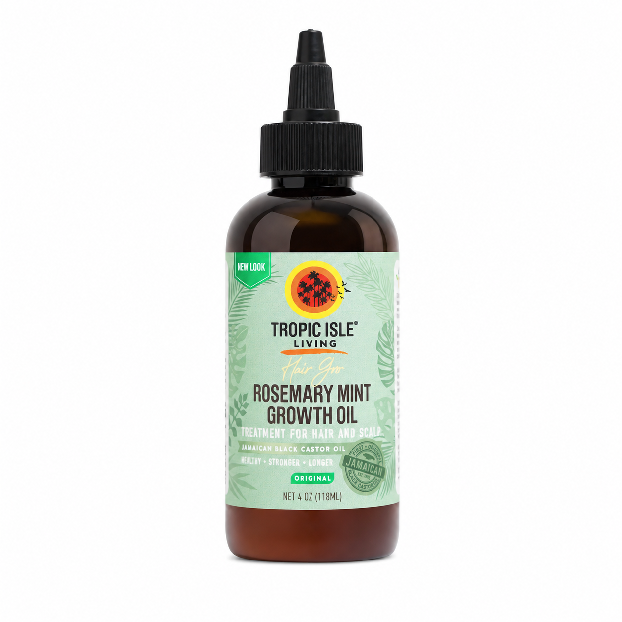 Tropic Isle Living Hair Gro Rosemary Mint Growth Oil bottle with castor oil, sunflower oil, soybean oil, avocado oil, jojoba oil and almond oil