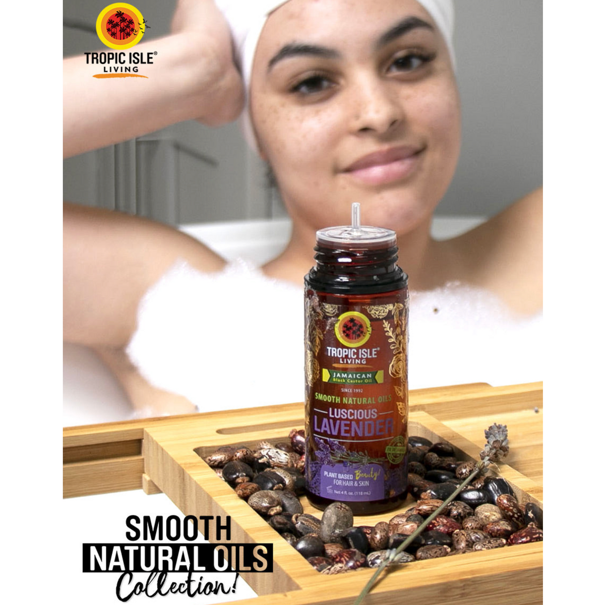 a woman in the bath and a bottle of Tropic Isle Living Smooth Natural Oils Luscious Lavender 4oz on a piece of wooden rack 