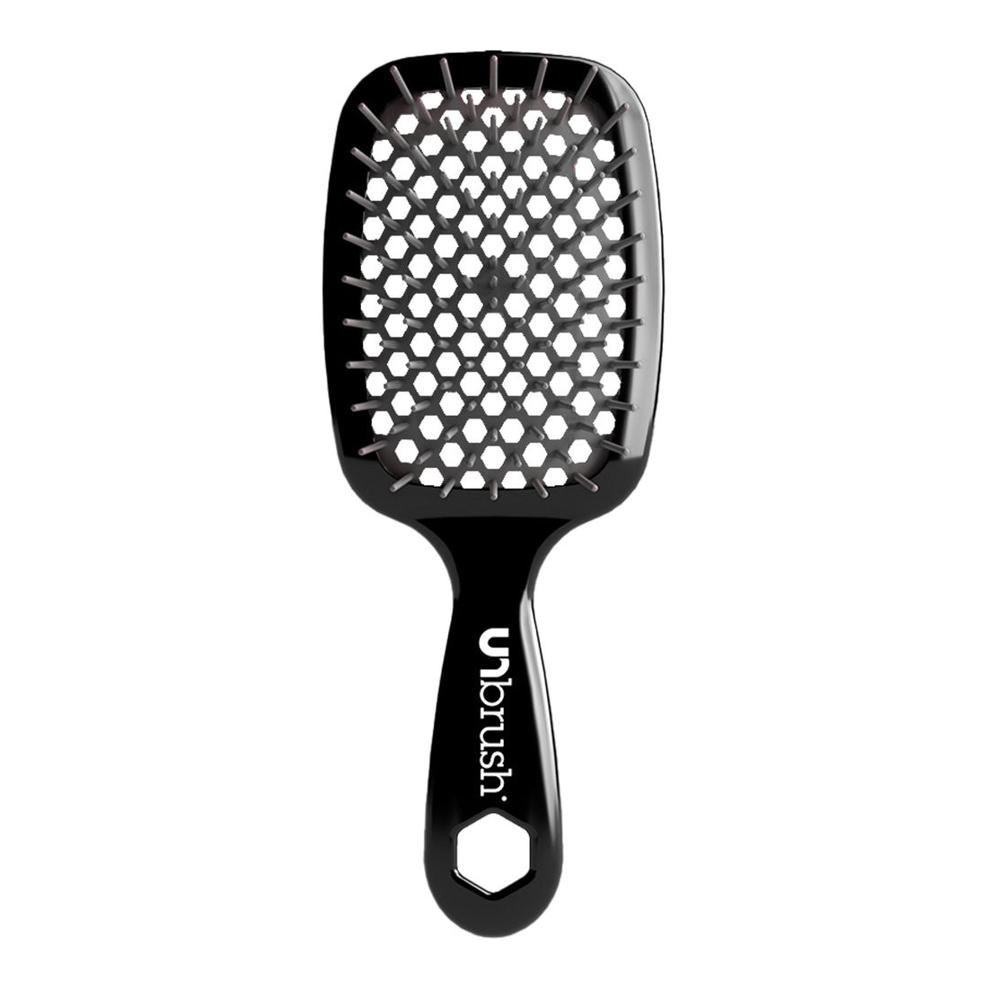 Black unbrush hairbrush with a honeycomb design on a white background