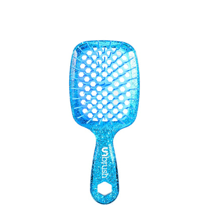Blue paddle hairbrush on a white background