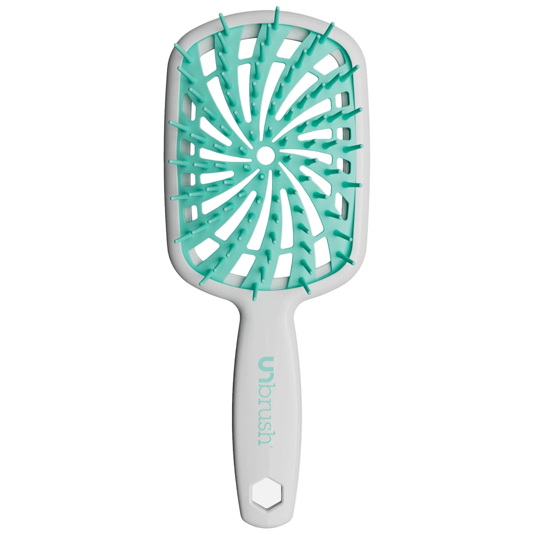 UNbrush Mint green and white hairbrush on a light gray background