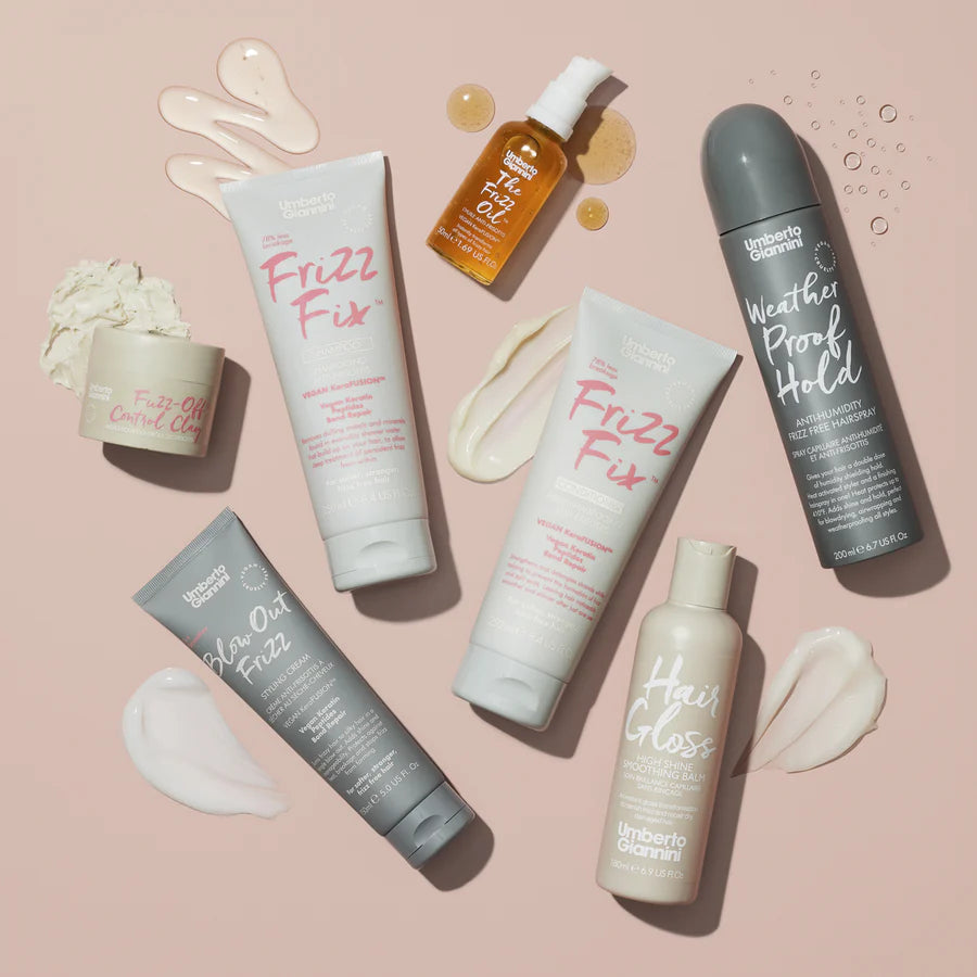Umberto Giannini WeatherProof Finish Anti-Humidity Frizz Free Hairspray 200ml displayed with the Frizz Fix styling collection for smooth, frizz-free hair protection.