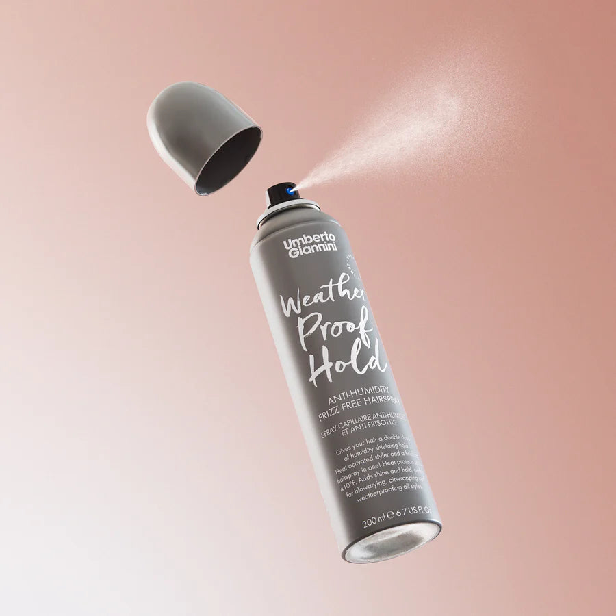 Umberto Giannini WeatherProof Finish Anti-Humidity Frizz Free Hairspray 200ml spraying a fine mist for flexible hold, frizz control and humidity protection.