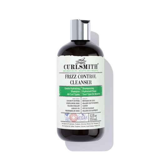 bottle of curlsmith frizz control cleanser shampoo on white background with shadow