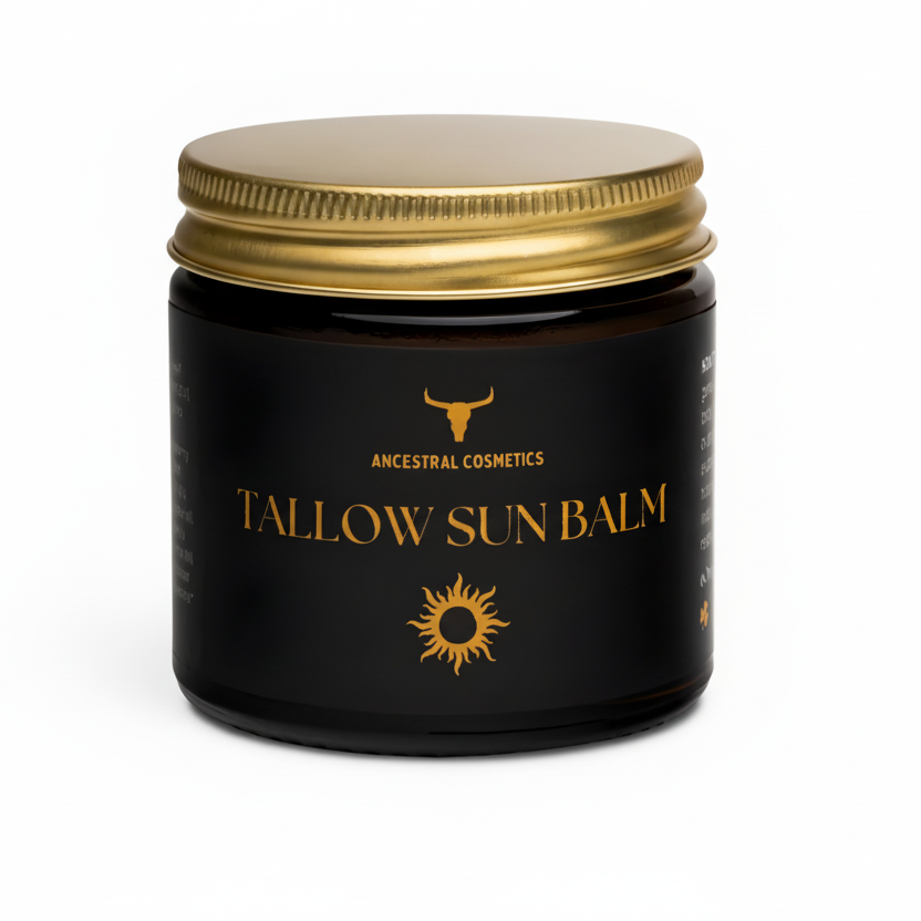 Black jar of Tallow Sun Balm with gold lid on a beige background