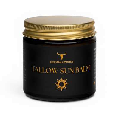 Black jar of Tallow Sun Balm with gold lid on a beige background