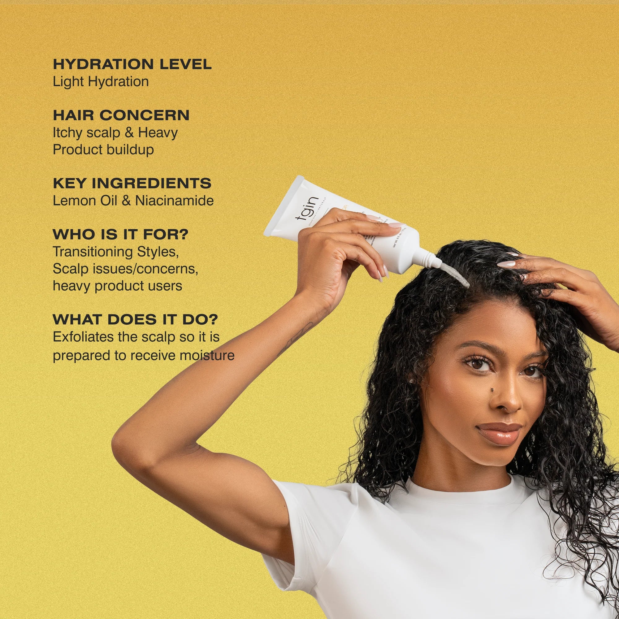Woman applying Balance Collection Scalp Exfoliator with text about product features on a yellow background