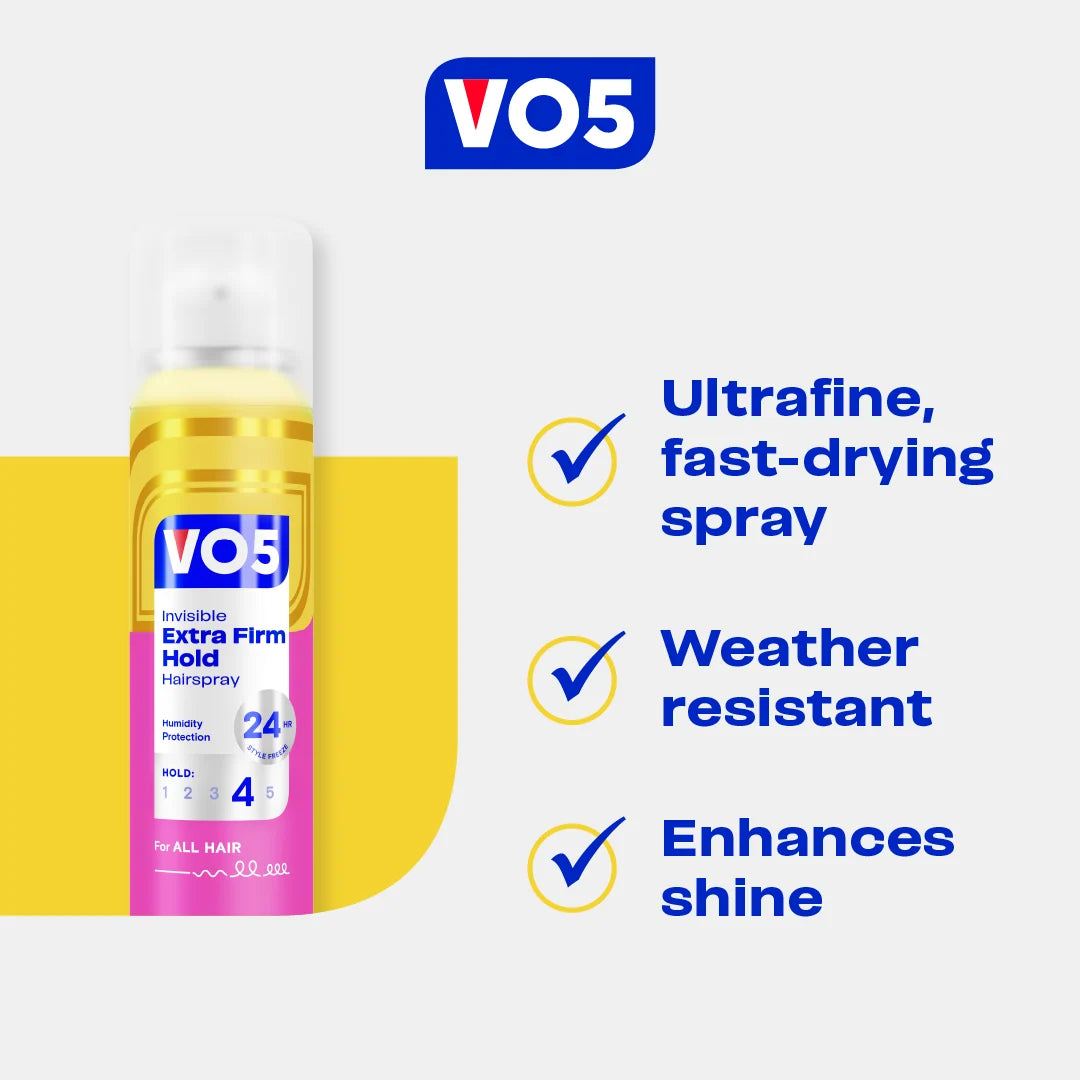 VO5 Extra Firm Hold Hairspray benefits: ultrafine fast-drying spray, weather resistance and enhanced shine