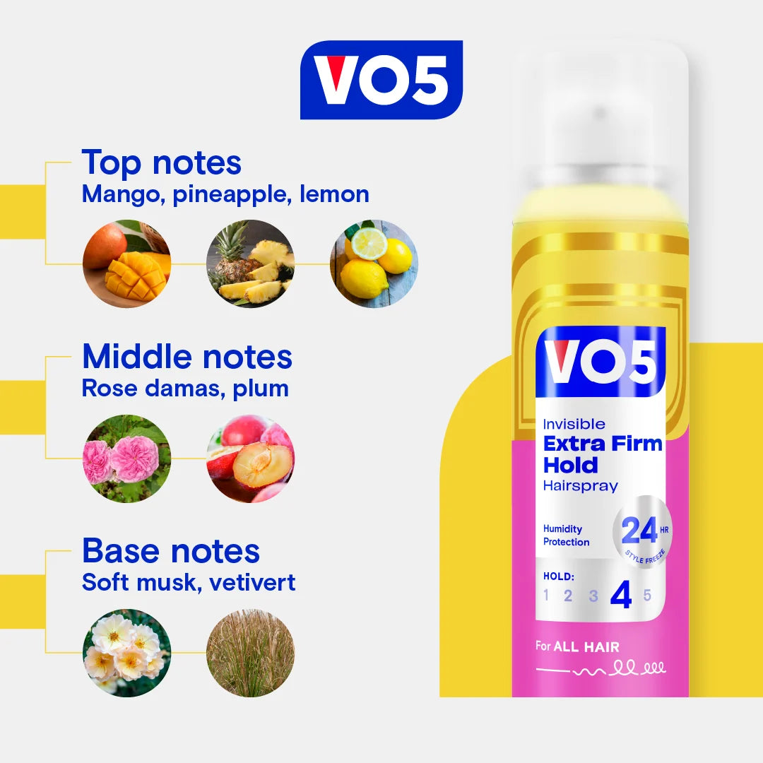 VO5 Extra Firm Hold Hairspray fragrance notes of mango, pineapple, lemon, rose, plum, musk and vetiver