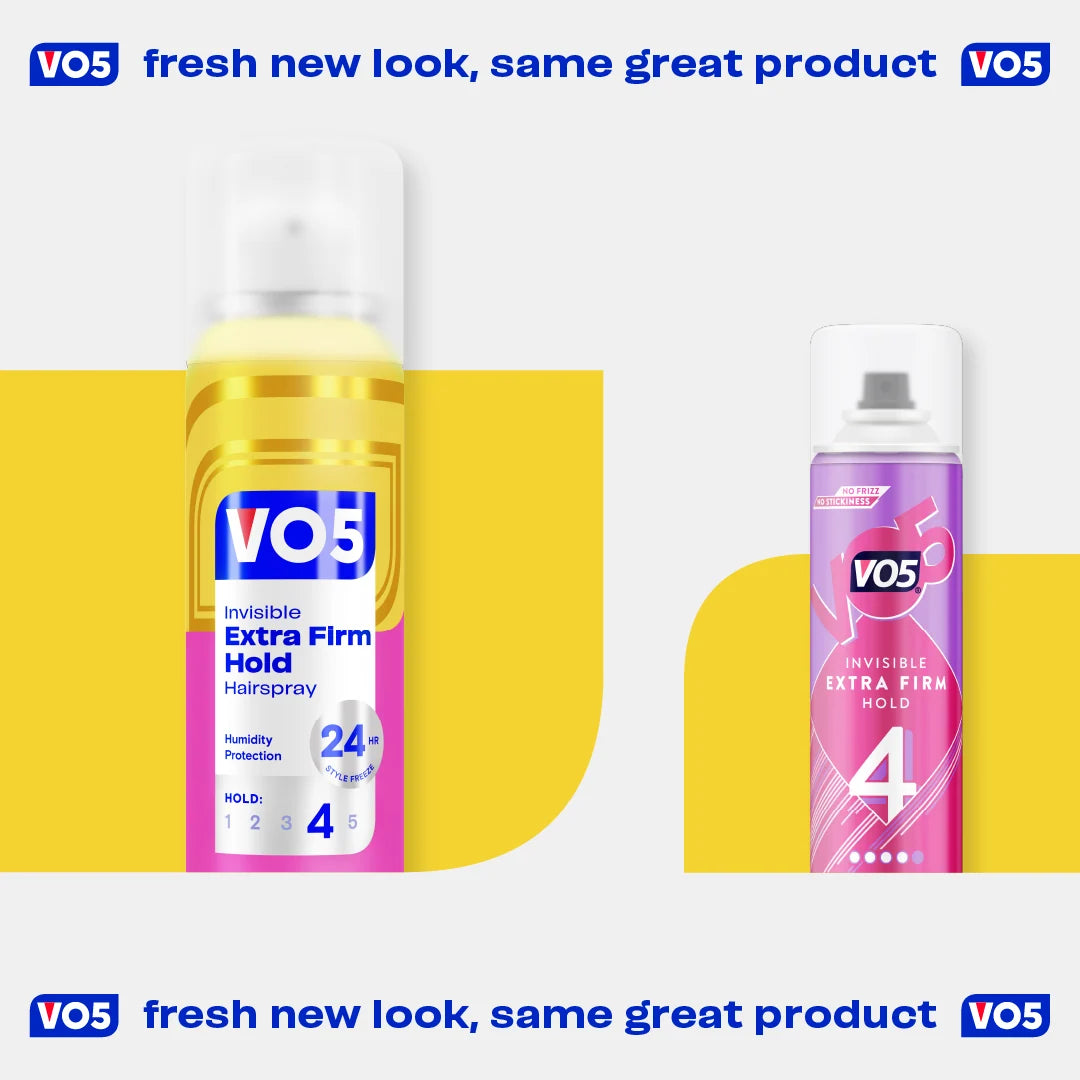 VO5 Invisible Extra Firm Hold Hairspray 400ml new and previous packaging comparison