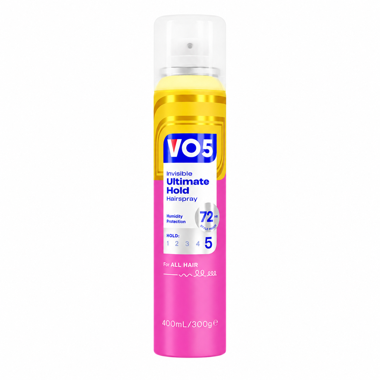 VO5 Invisible Ultimate Hold Hairspray 400ml with hold level 5, humidity protection and 72-hour style freeze tall aerosol hairspray in pink and gold packaging on a white background