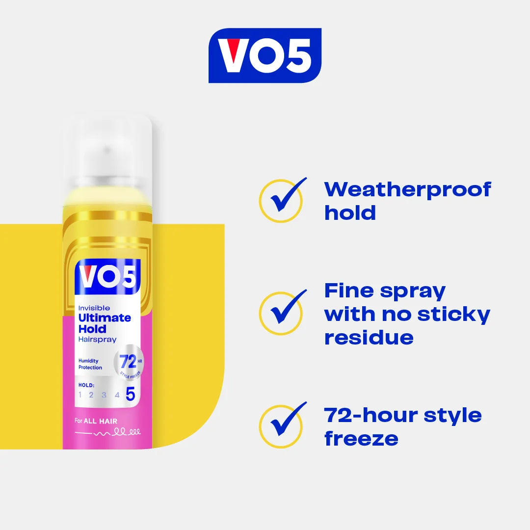 VO5 Ultimate Hold Hairspray benefits: weatherproof hold, fine spray, no sticky residue and 72-hour control