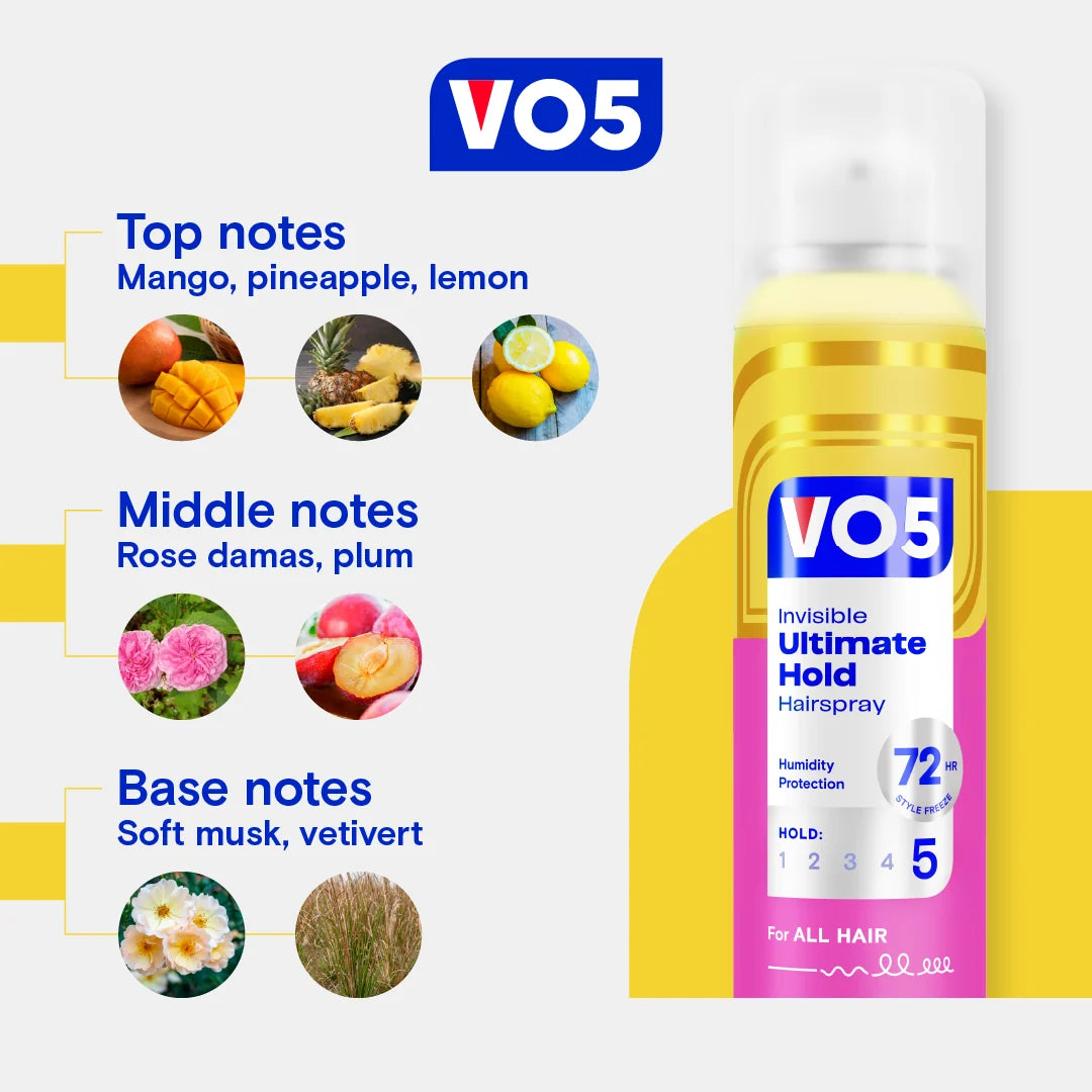 VO5 Ultimate Hold Hairspray fragrance notes of mango, pineapple, lemon, rose, plum, musk and vetiver