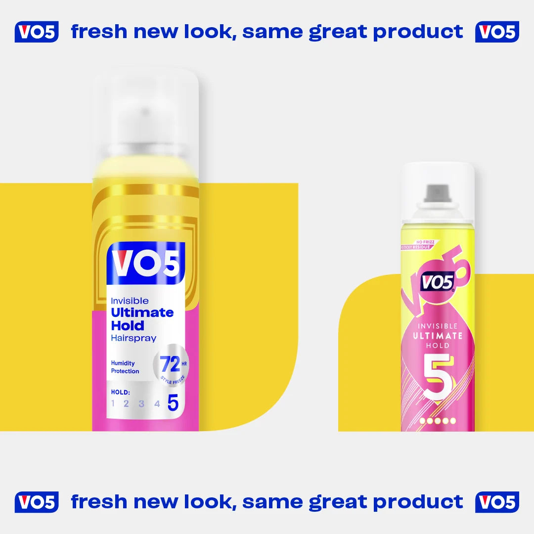 VO5 Invisible Ultimate Hold Hairspray 400ml new and previous packaging comparison