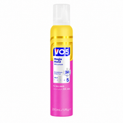 VO5 Mega Hold Mousse 200ml with level 5 hold for frizz-free styling without stickiness tall aerosol mousse in pink and gold packaging on a white background