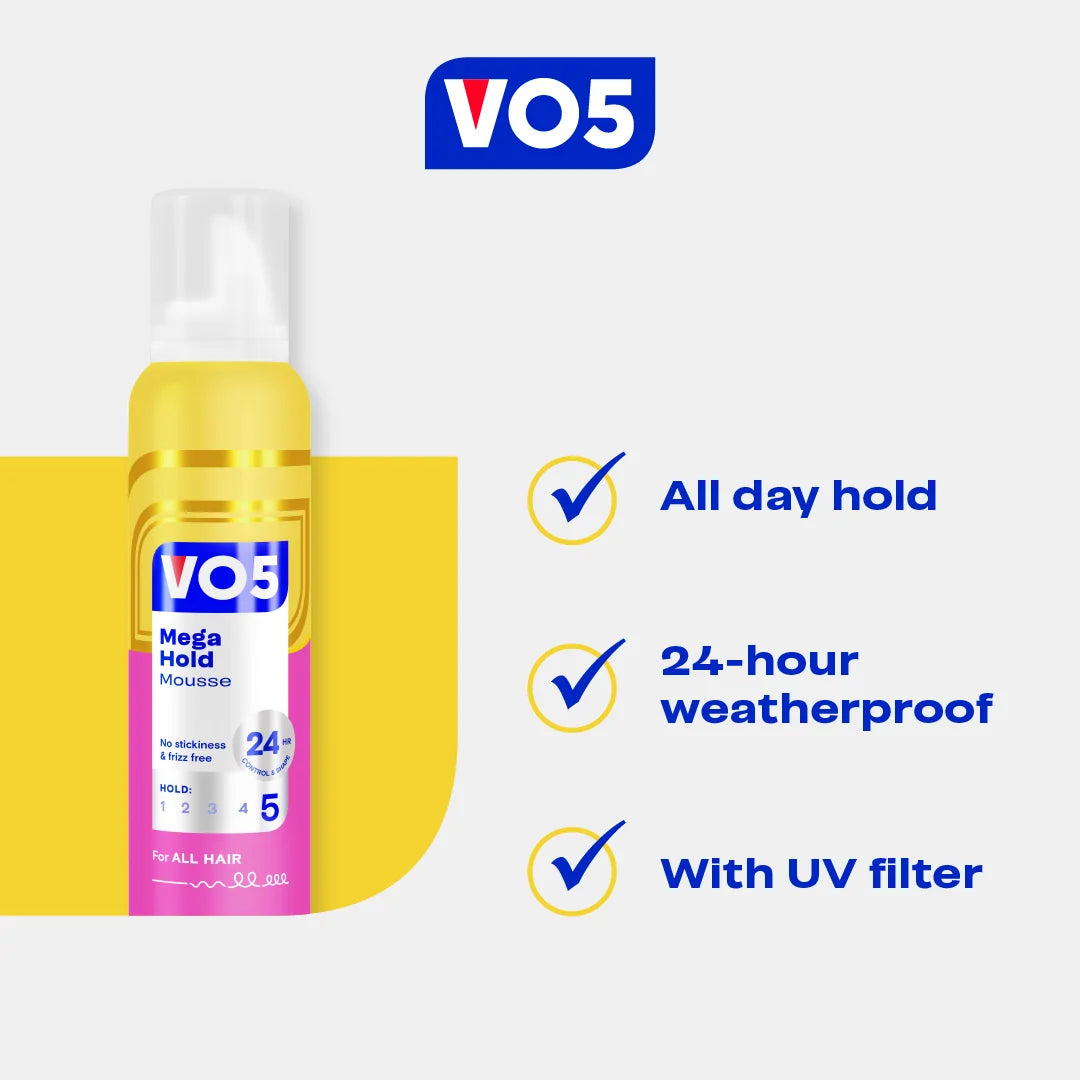 VO5 Mega Hold Mousse 200ml benefits: all-day hold, 24-hour weatherproof control and UV filter