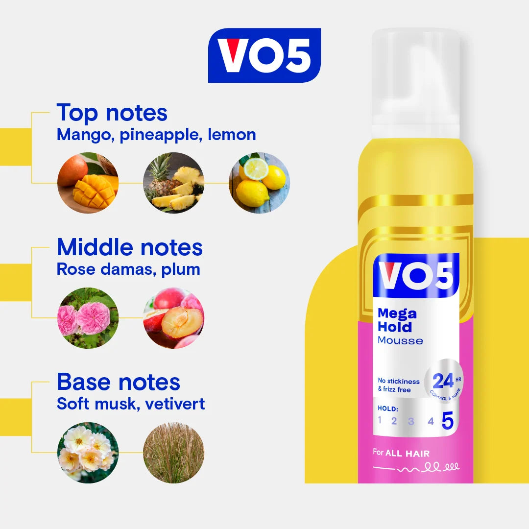 VO5 Mega Hold Mousse fragrance notes of mango, pineapple, lemon, rose, plum, soft musk and vetiver