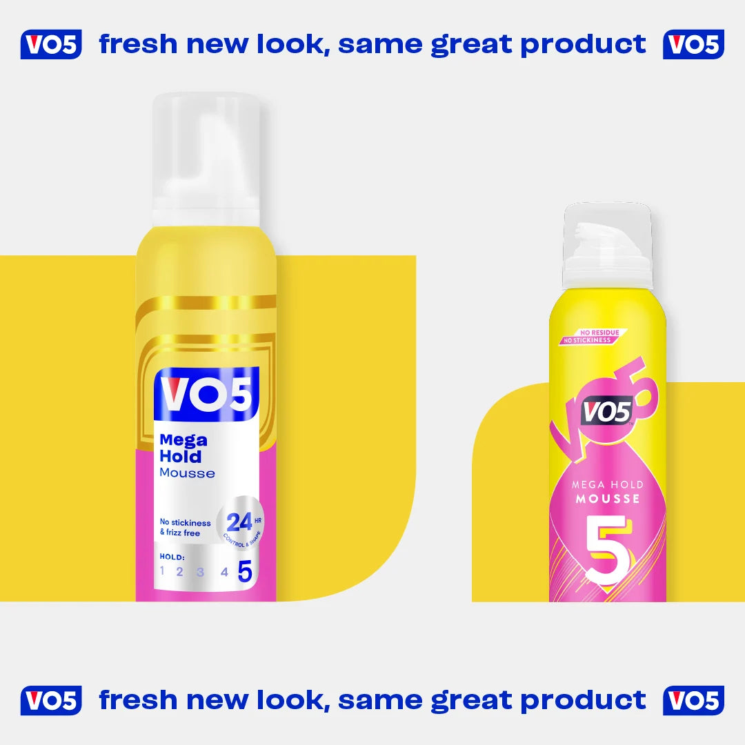 VO5 Mega Hold Mousse 200ml new and previous packaging comparison