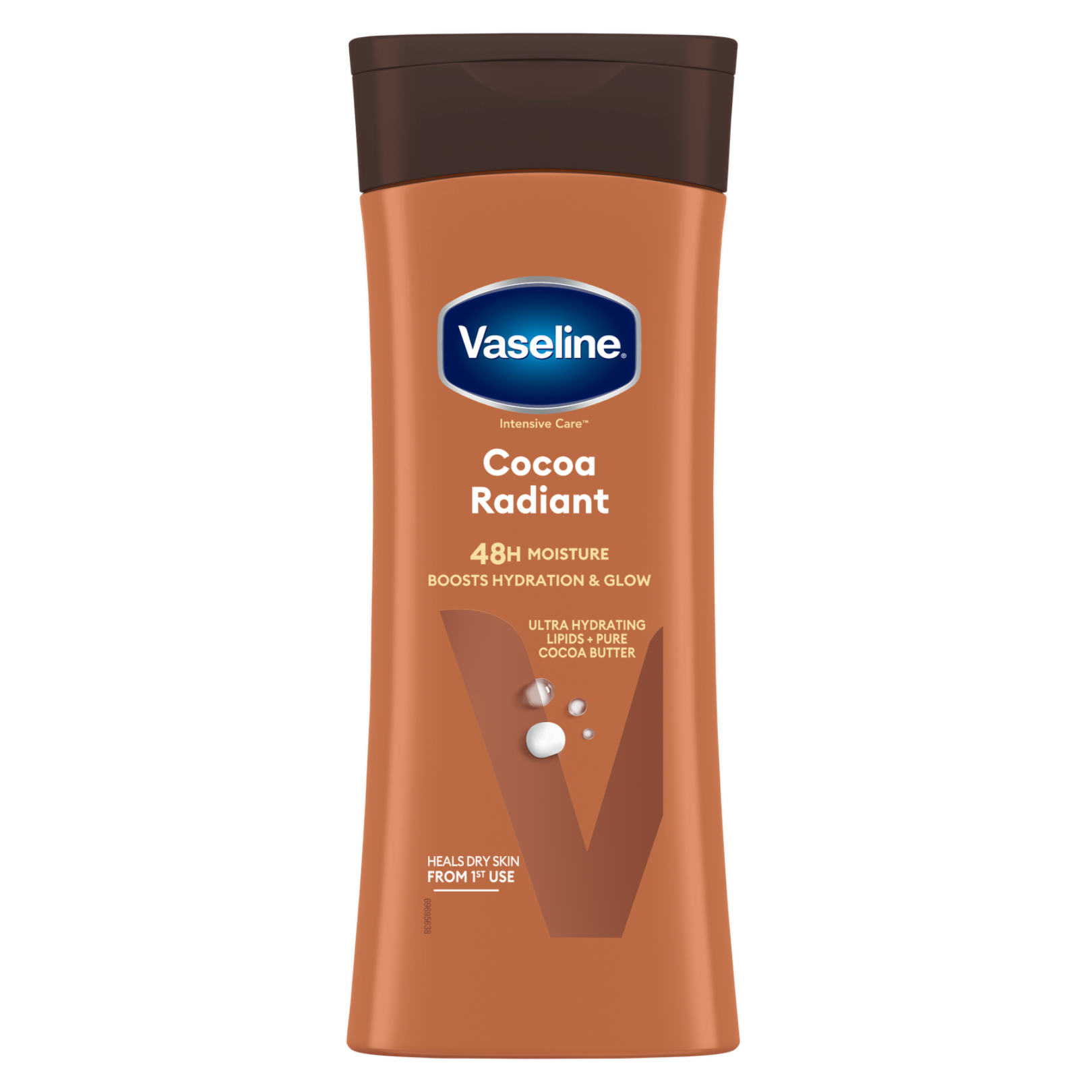 Vaseline Cocoa Radiant 48h Moisture Body Lotion 200ml with cocoa butter to hydrate dry skin and boost glow brown bottle on a white background