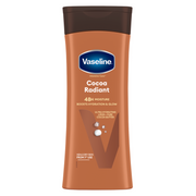 Vaseline Cocoa Radiant 48h Moisture Body Lotion 200ml with cocoa butter to hydrate dry skin and boost glow brown bottle on a white background
