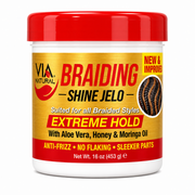 Via Natural Braiding Shine Jelo Extreme Hold 16oz for all braided styles with aloe vera, honey and moringa oil for anti-frizz, no flaking and sleek parts.