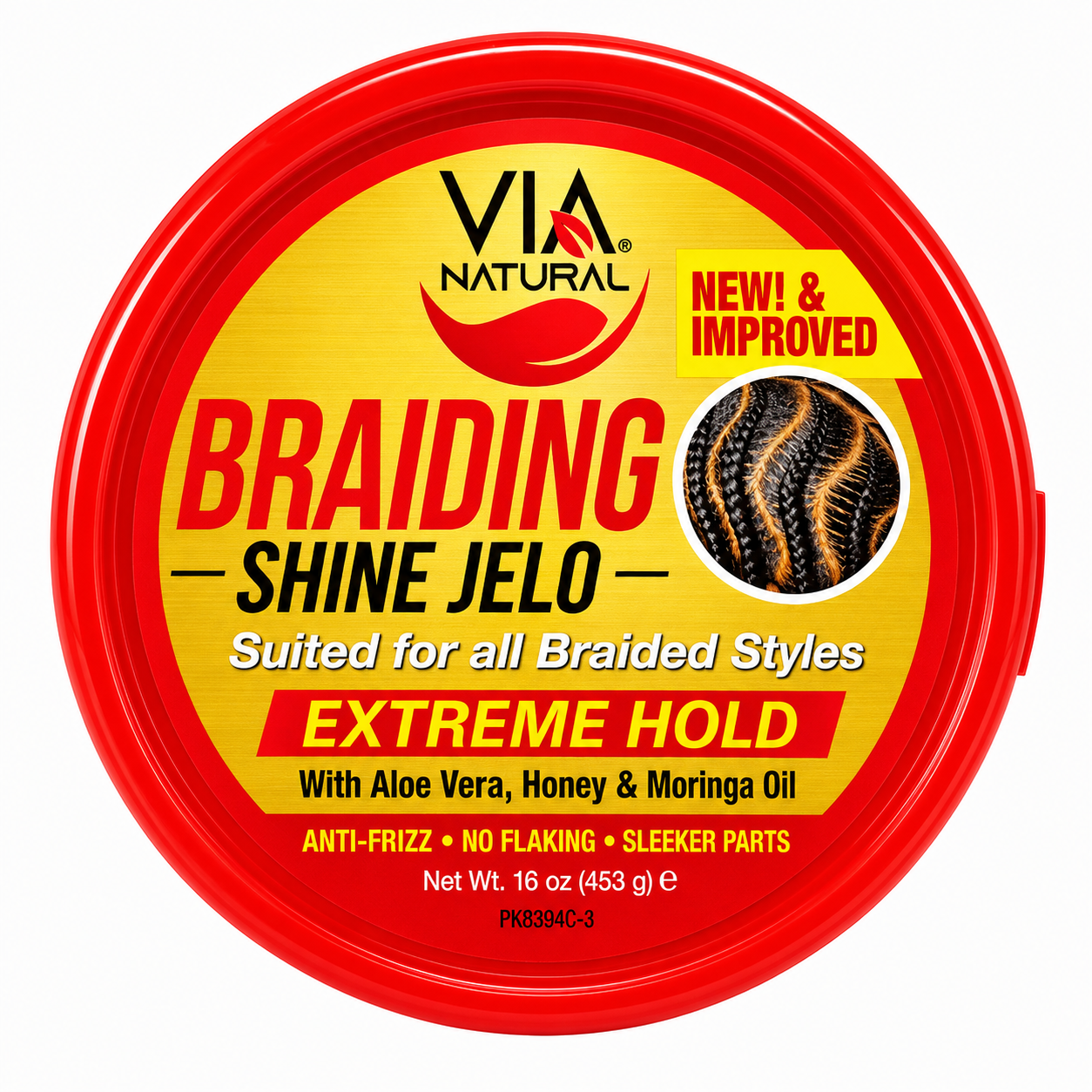 Top view of Via Natural Braiding Shine Jelo Extreme Hold 16oz with aloe vera, honey and moringa oil for braided hairstyles.