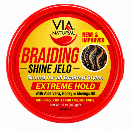 Top view of Via Natural Braiding Shine Jelo Extreme Hold 16oz with aloe vera, honey and moringa oil for braided hairstyles.