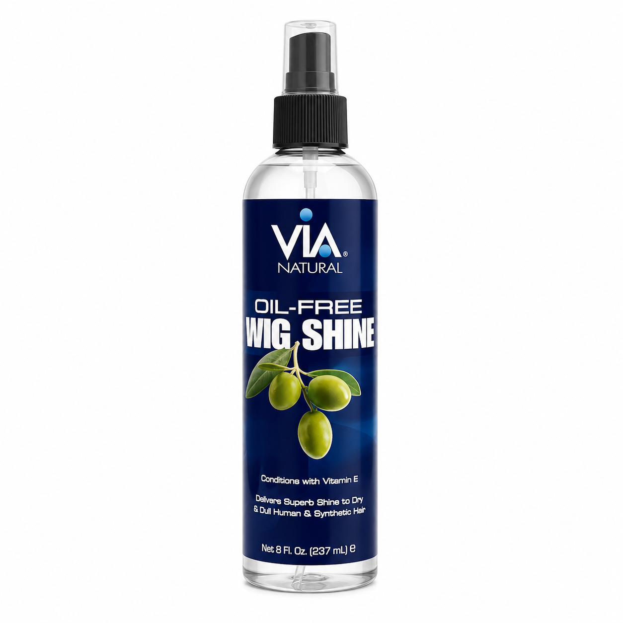 Via Natural Oil-Free Wig Shine 8oz with vitamin E shine spray for wigs, natural shine, oil-free formula for human and synthetic hair.