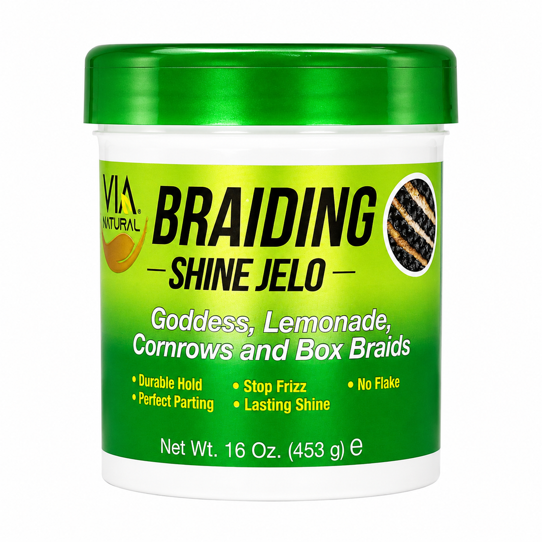 Via Natural Braiding Shine Jelo 16oz for goddess braids, lemonade braids, cornrows and box braids with durable hold, frizz control and long-lasting shine.