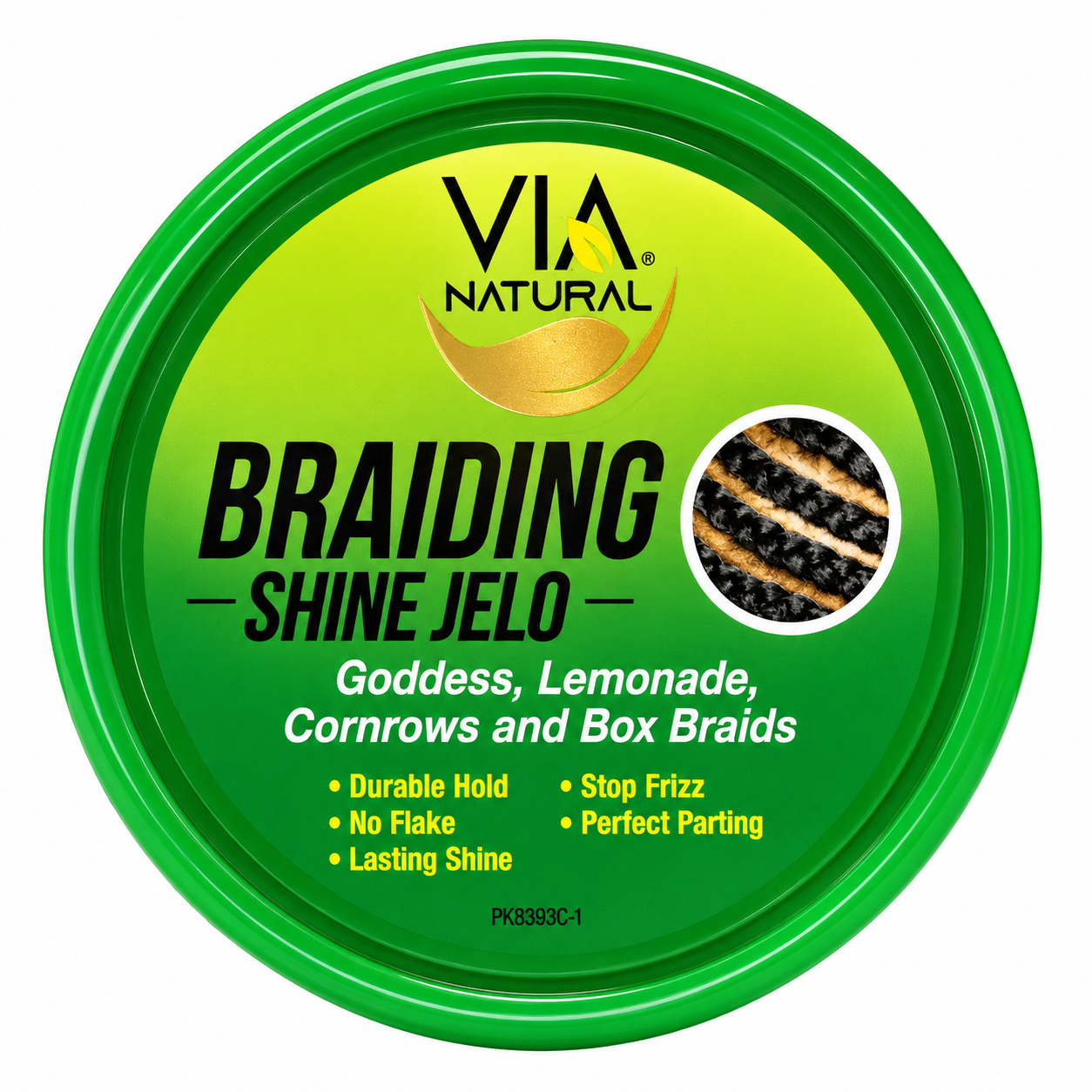 Top view of Via Natural Braiding Shine Jelo 16oz for goddess braids, lemonade braids, cornrows and box braids with durable hold and lasting shine.