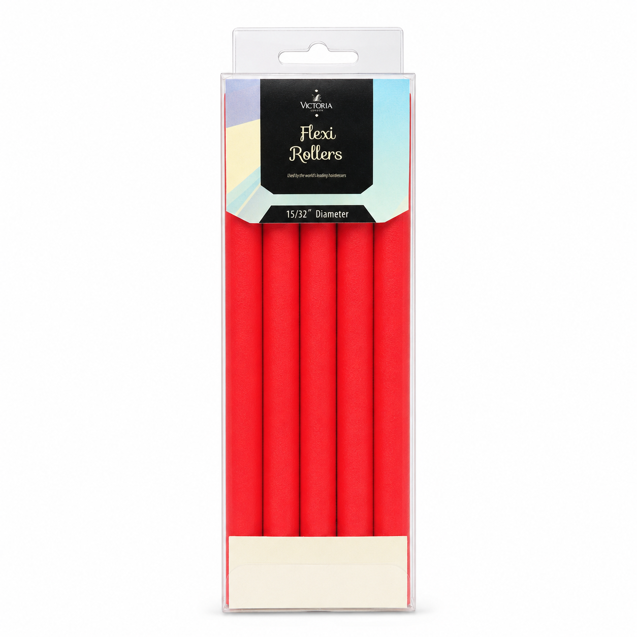 Victoria Flexi Rollers 15/32" diameter in red, presented in a clear retail display box with hanging tab on a white background. Includes flexible foam hair rollers that bend into shape without clips, designed to create tight curls, defined ringlets and long-lasting volume while being gentle on the hair and comfortable to wear.
