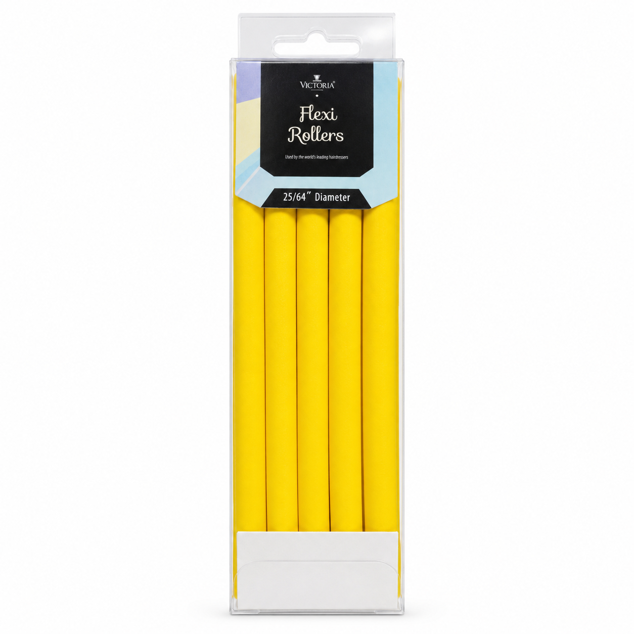 Victoria Flexi Rollers 25/64" diameter in yellow, presented in a clear retail display box with hanging tab on a white background. Includes flexible foam hair rollers that bend into shape without clips, ideal for creating defined curls, soft waves and lasting volume on all hair types with comfortable overnight styling.
