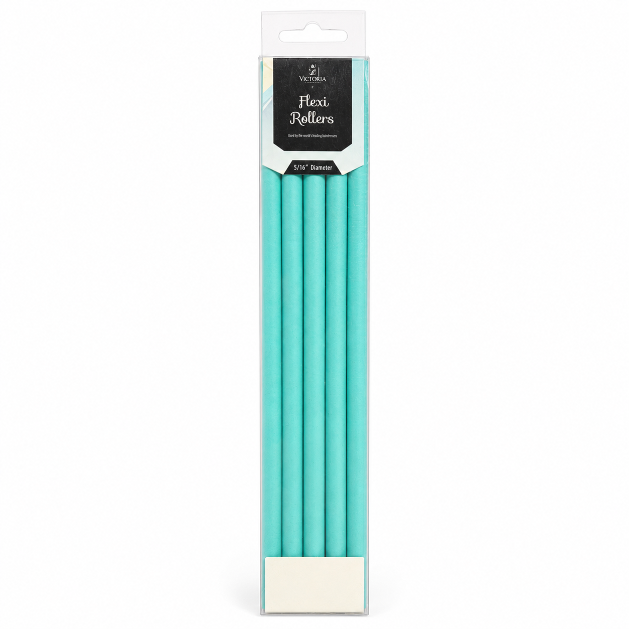 Victoria Flexi Rollers 5/16" diameter in cyan, presented in a clear retail display box with hanging tab on a white background. Includes flexible foam hair rollers that bend easily to secure hair without clips, perfect for creating tight, springy curls, added body and long-lasting definition while minimising hair damage.
