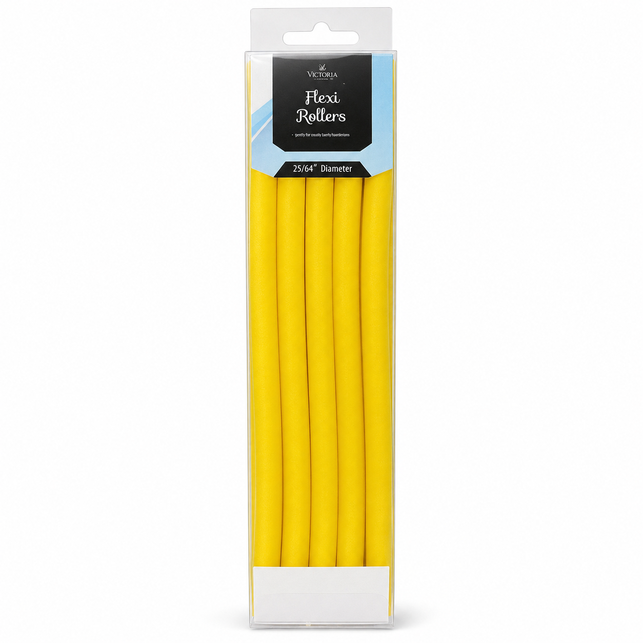 Victoria Flexi Rollers 25/64" diameter in yellow, presented in a clear retail display box with hanging tab on a white background. Features extra-long flexible foam rollers that bend to hold hair securely without clips, making them ideal for creating smooth curls, voluminous blow-dry styles and soft waves on longer hair lengths.
