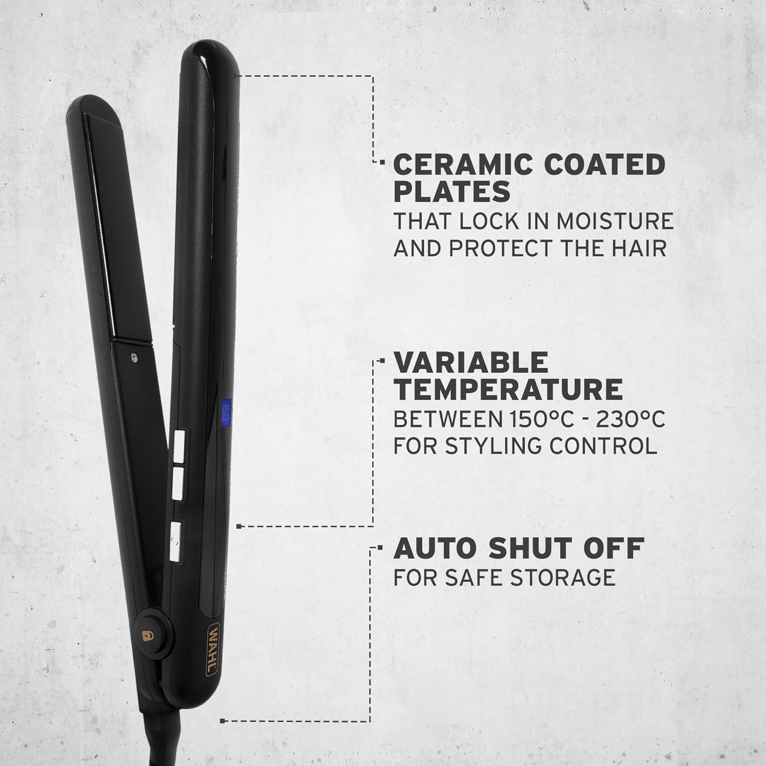 Wahl Salon Styling Hair Straightener with ceramic-coated plates, adjustable temperature from 150°C to 230°C and automatic safety shut-off feature.