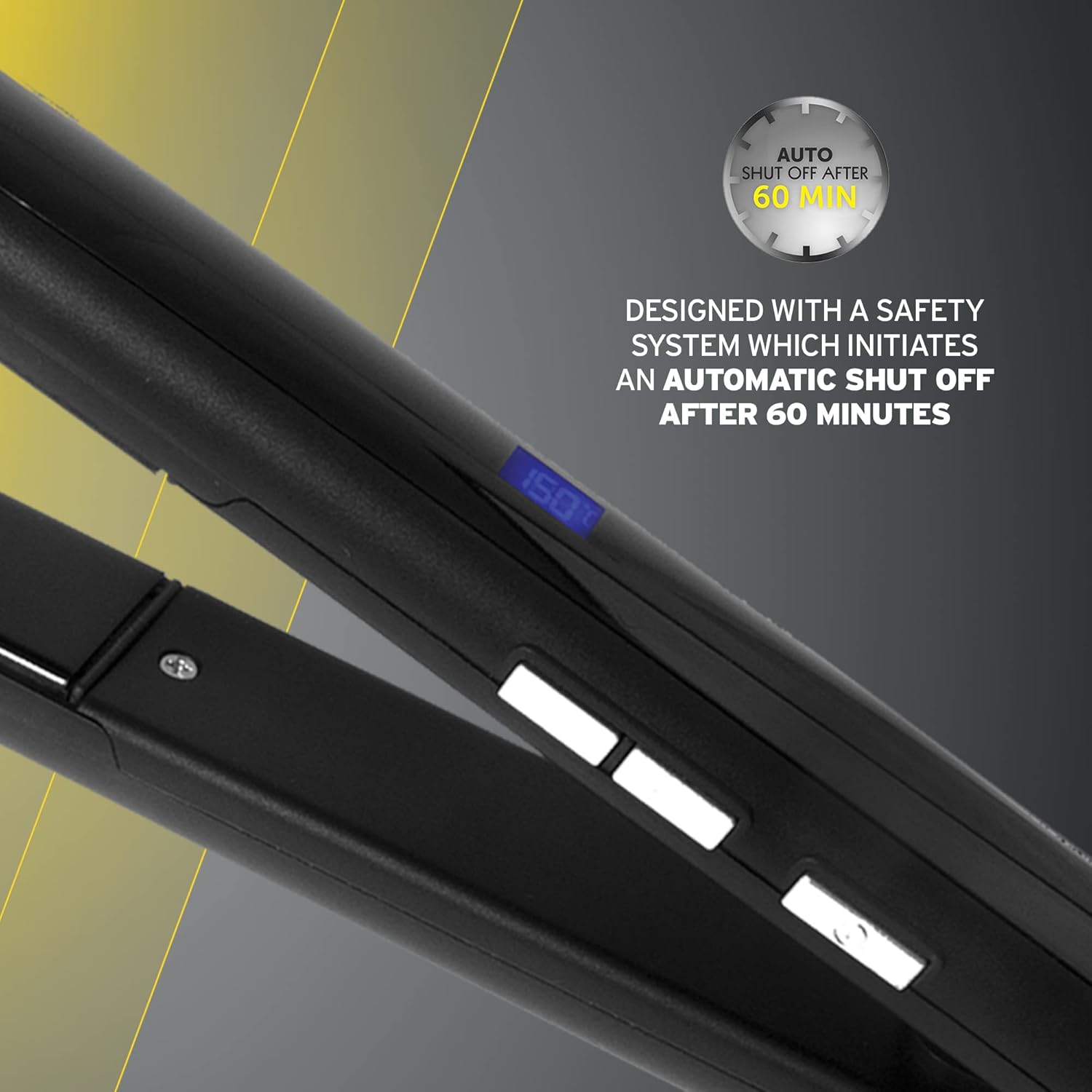 Close-up of Wahl Salon Styling Hair Straightener LCD temperature display featuring automatic 60-minute safety shut-off.