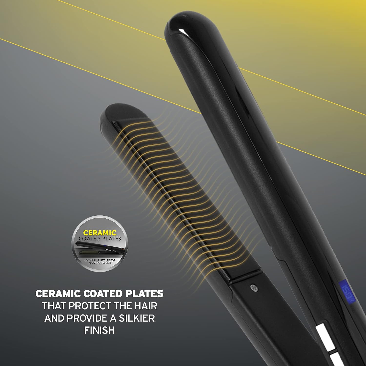 Wahl Salon Styling Hair Straightener showing ceramic-coated floating plates designed to protect hair and deliver a smooth, silky finish.