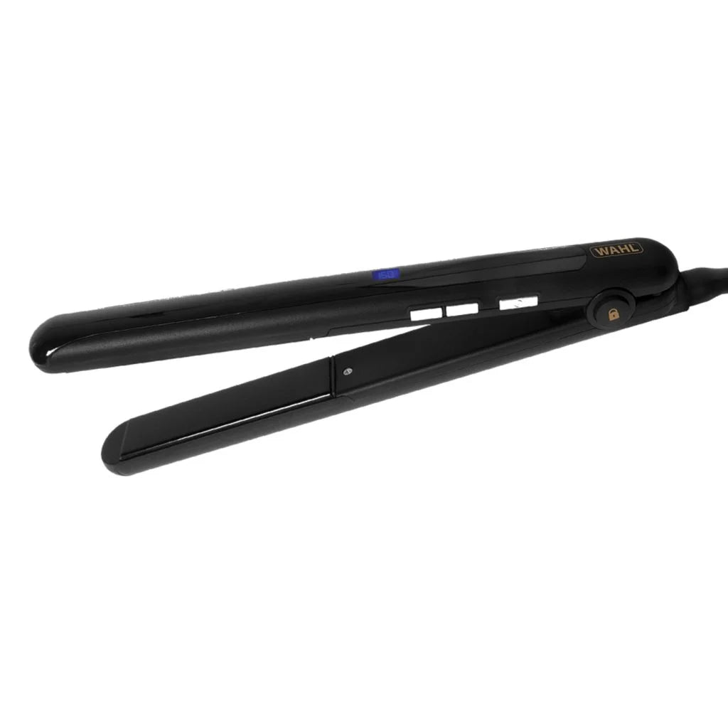 Wahl Salon Styling Hair Straightener with ceramic-coated floating plates, adjustable temperature controls and professional black design for smooth, sleek styling.