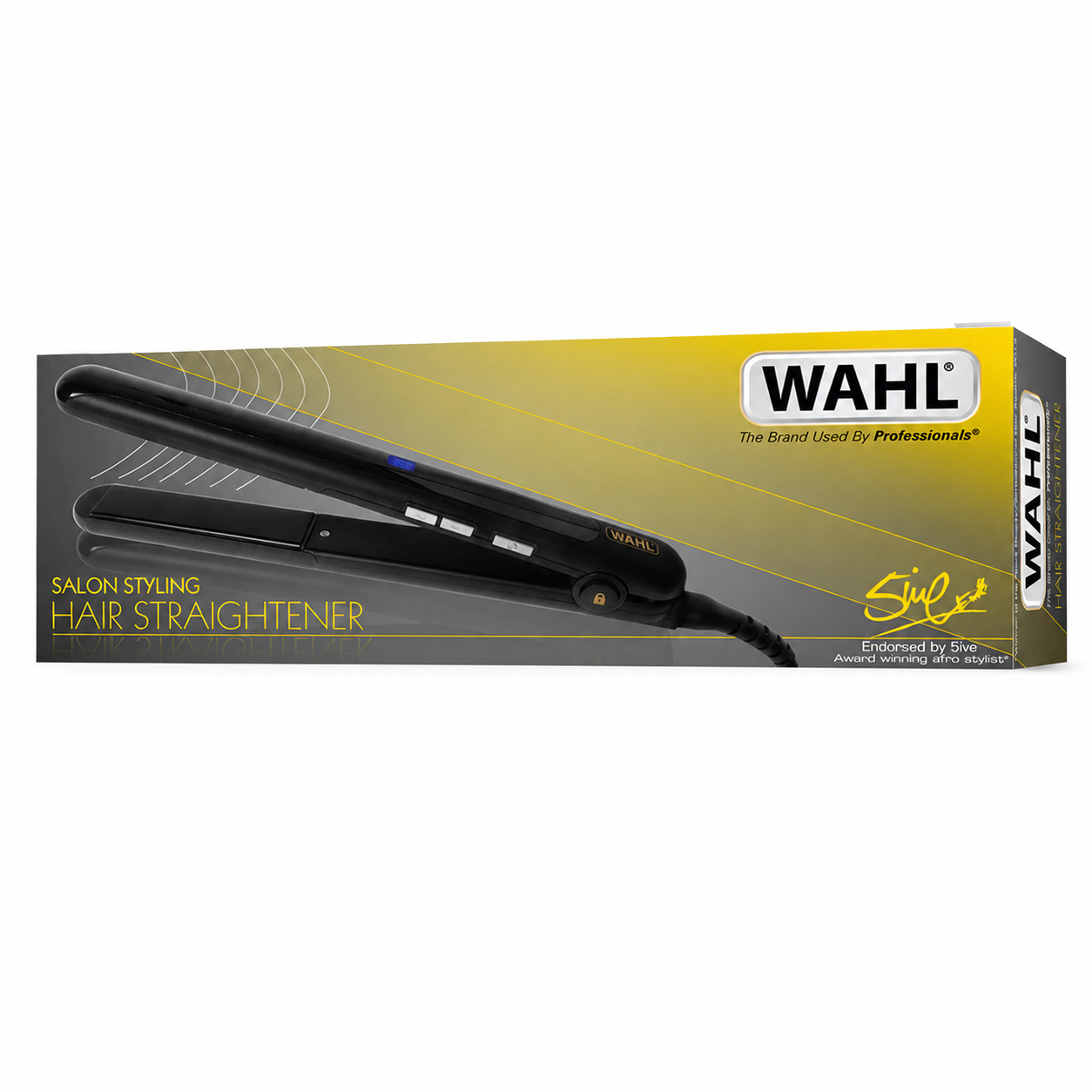 Wahl Salon Styling Hair Straightener retail box packaging with professional ceramic hair straightener and adjustable temperature styling tool.