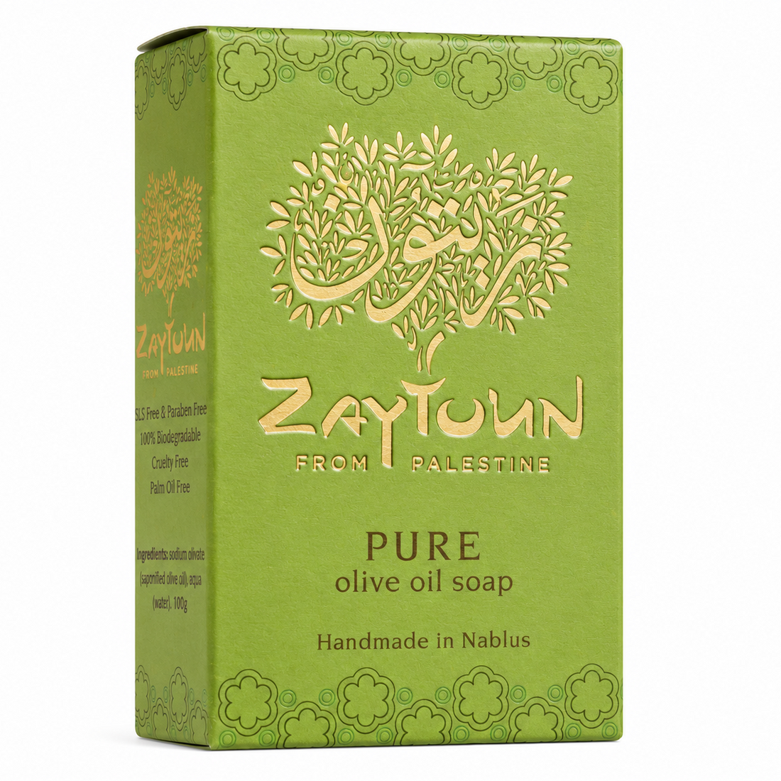 Green box of Zaytoun olive oil soap on a white background