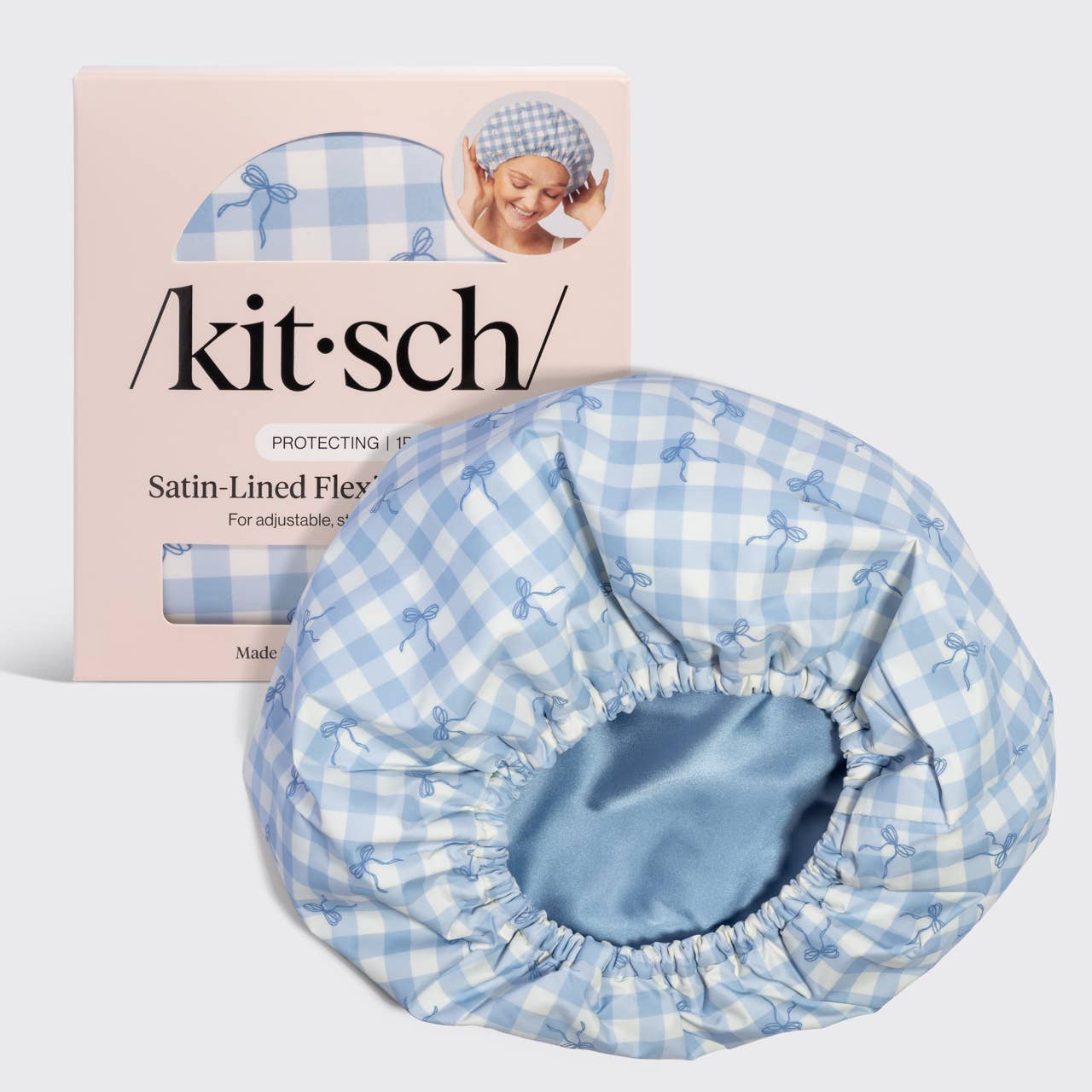 Kitsch Satin Lined Flexi Shower Cap - Gingham Blue
