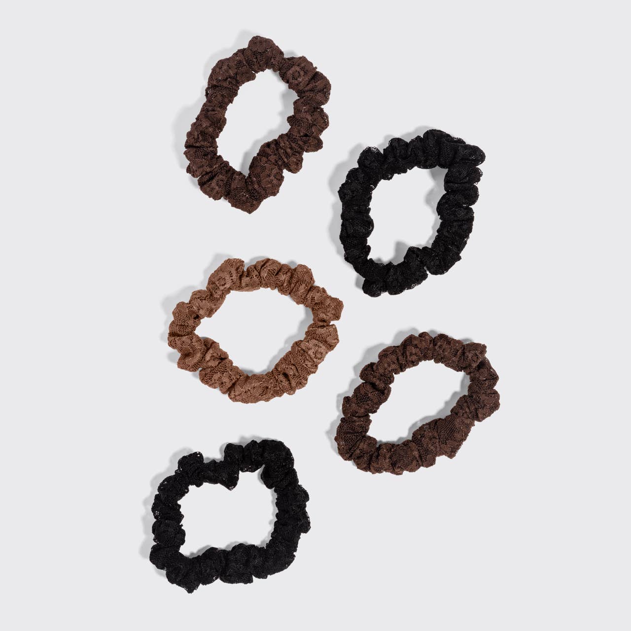 Kitsch Ruched Lace Scrunchies 5pc Set - Black, Chocolate & Mocha