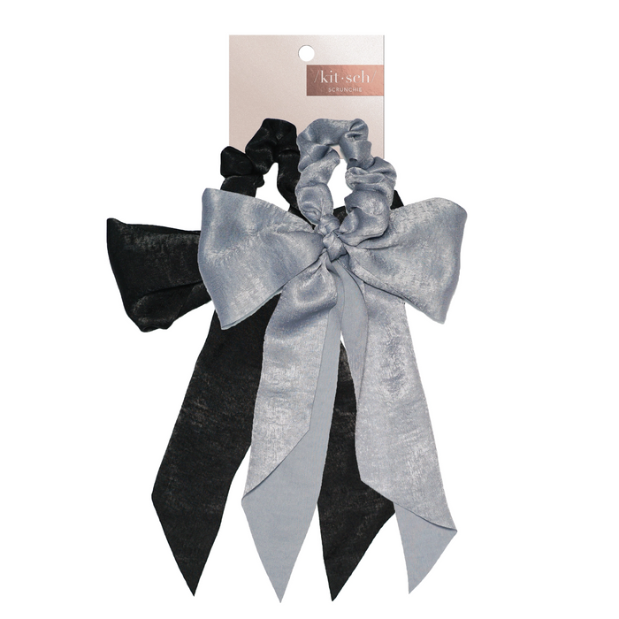 Kitsch Satin Scarf Scrunchies 2pc - Black/Gray
