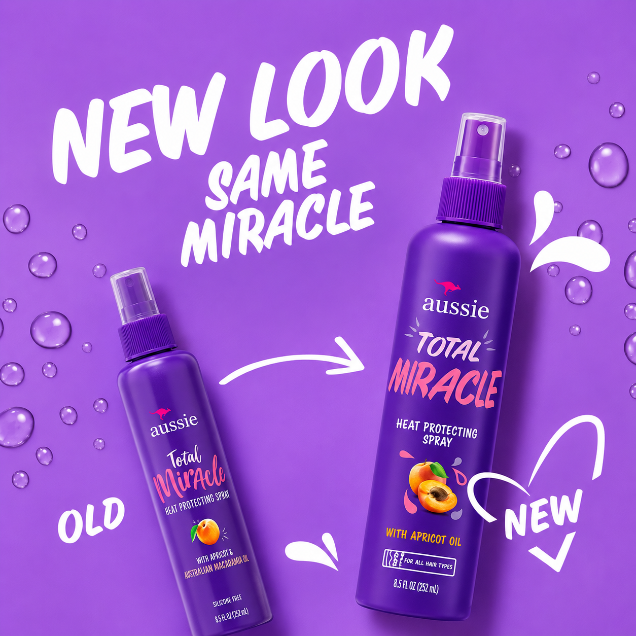 a comparison graphic showing the old and new packaging of aussie total miracle heat protecting spray with apricot oil. the purple background features bold white text reading "new look, same miracle", arrows pointing from the old design to the new design, and playful splash graphics highlighting the refreshed packaging.