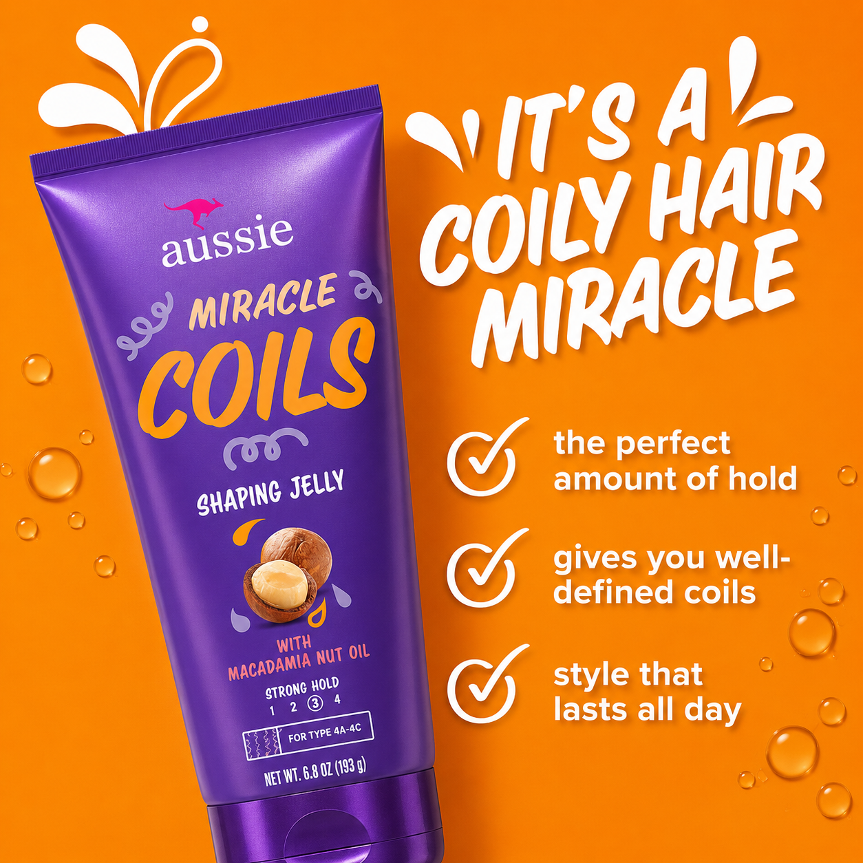 a promotional graphic featuring aussie miracle coils shaping jelly with macadamia nut oil in a purple tube against a bright orange background. the design includes the headline "it's a coily hair miracle" and highlights benefits including the perfect amount of hold, well-defined coils, and all-day style with playful splash graphics.