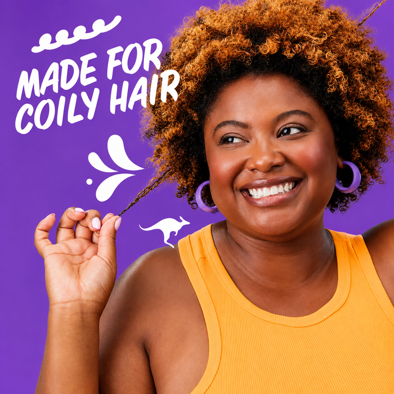 a promotional image featuring a smiling woman with natural coily hair gently stretching one curl against a purple background. bold white text reads "made for coily hair" with playful graphic elements, highlighting hair designed for definition, moisture, and curl care.