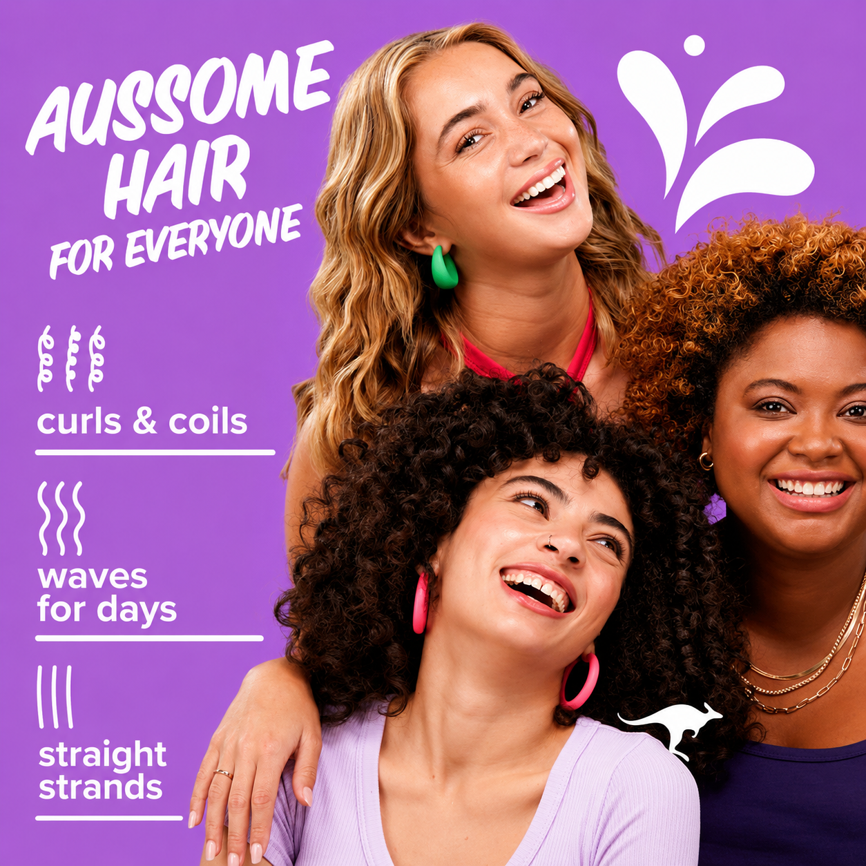 a promotional image featuring three smiling women with different hair types against a purple background. bold white text reads "aussome hair for everyone" and highlights curls and coils, waves, and straight strands, celebrating hair care for all hair types.
